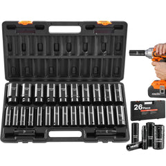 VEVOR Impact Socket Set, 1/2" Drive, 26-Piece Impact Sockets, 6-Point Sockets, Metric 10-30 mm, 32-36 mm, Easy to