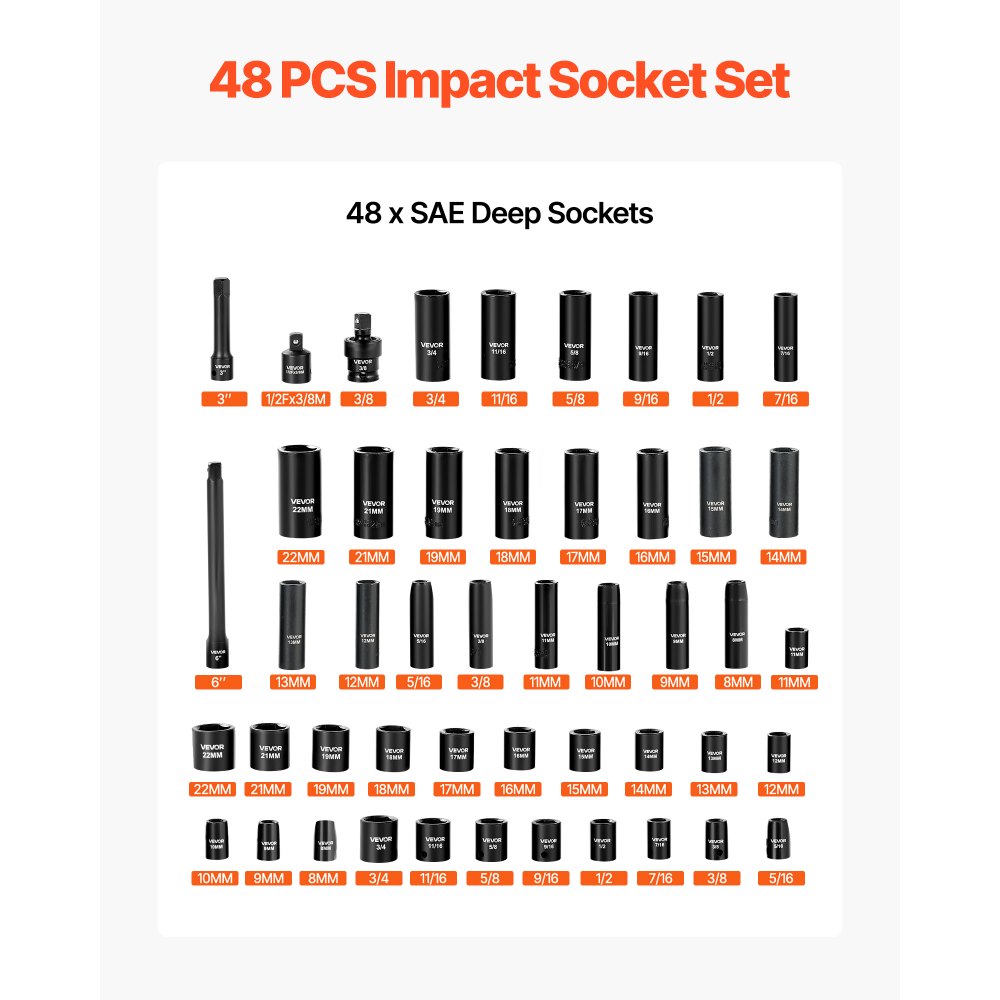 VEVOR Impact Socket Set, 3/8" Drive, 48-Piece Socket Set, 6-Point Sockets, SAE 5/16"-3/4" and Metric 8-19 mm, 21-22 mm