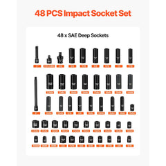 VEVOR Impact Socket Set, 3/8" Drive, 48-Piece Socket Set, 6-Point Sockets, SAE 5/16"-3/4" and Metric 8-19 mm, 21-22 mm