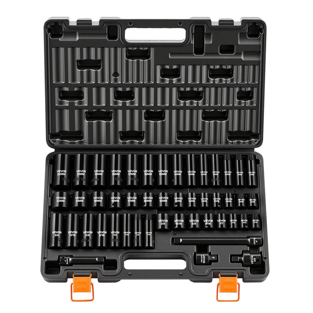 VEVOR Impact Socket Set, 3/8" Drive, 48-Piece Socket Set, 6-Point Sockets, SAE 5/16"-3/4" and Metric 8-19 mm, 21-22 mm