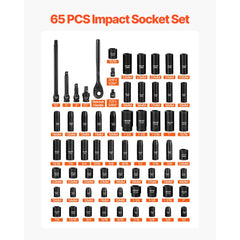VEVOR Impact Socket Set, 1/2" Drive, 65-Piece Socket Set, 6 Point Sockets, SAE 3/8" to 1-1/4" and Metric 10-24 mm, Easy