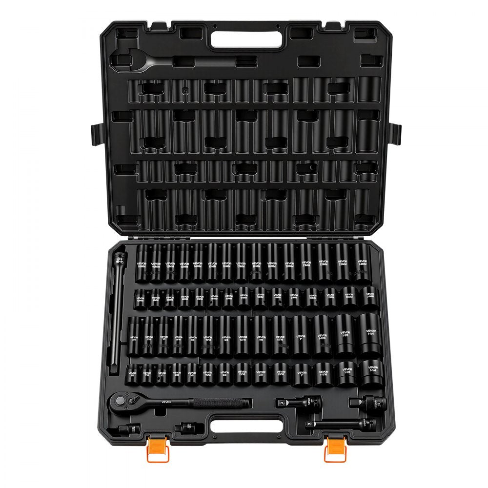 VEVOR Impact Socket Set, 1/2" Drive, 65-Piece Socket Set, 6 Point Sockets, SAE 3/8" to 1-1/4" and Metric 10-24 mm, Easy