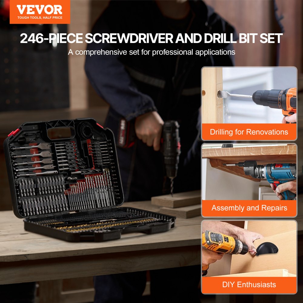 VEVOR Drill Bit Set, 246 Pieces Drill and Driver Bit Set, Screwdriver Bit Set Suitable for Wood Metal Cement Drilling