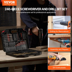 VEVOR Drill Bit Set, 246 Pieces Drill and Driver Bit Set, Screwdriver Bit Set Suitable for Wood Metal Cement Drilling