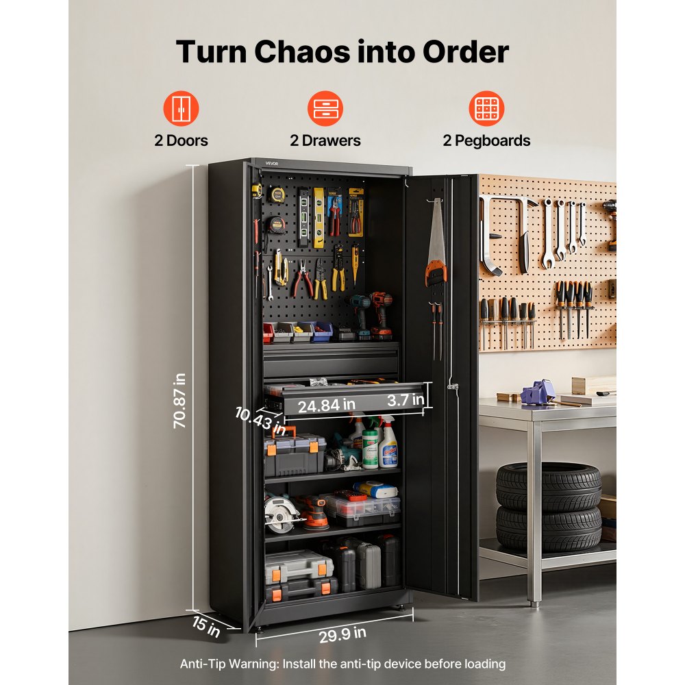 VEVOR Metal Storage Cabinet, 180 lbs Shelf Load Capacity, 70.87" Tall Garage Tool Storage Cabinet with 2 Locking Doors