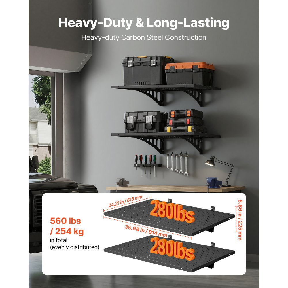 VEVOR 2-Tier Heavy Duty Wall Garage Shelving, 2 x 3 ft Steel Wall Mounted Shelving Unit, 12 x 72 Inch Per Shelf