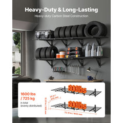 VEVOR 2-Tier Heavy Duty Wall Garage Shelving, 4 Pack 2 x 3 ft Steel Wall Mounted Shelving Unit, 24 x 72 Inch Per Shelf