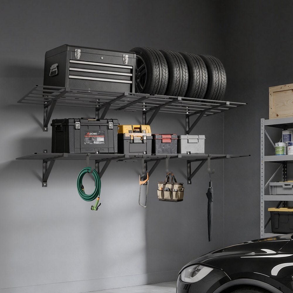 VEVOR 2-Tier Heavy Duty Wall Garage Shelving, 4 Pack 2 x 3 ft Steel Wall Mounted Shelving Unit, 24 x 72 Inch Per Shelf