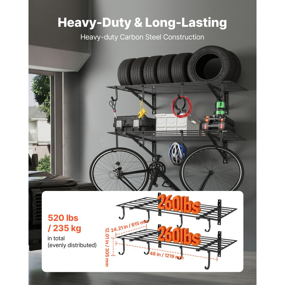 VEVOR 2-Tier Heavy Duty Wall Garage Shelving, 2 x 4 ft Steel Wall Mounted Shelving Unit with Hooks, 24 x 48 Inch Per
