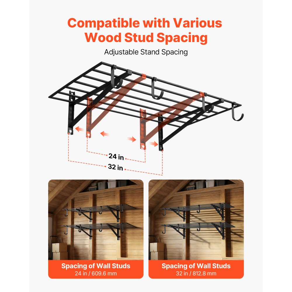 VEVOR 2-Tier Heavy Duty Wall Garage Shelving, 2 x 4 ft Steel Wall Mounted Shelving Unit with Hooks, 24 x 48 Inch Per