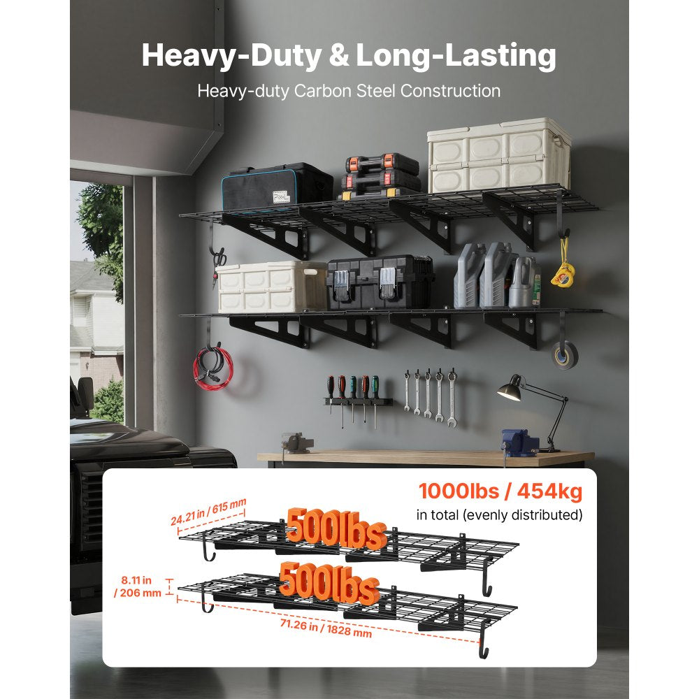 VEVOR 2-Tier Heavy Duty Wall Garage Shelving, 8 Pack 1 x 3 ft Steel Wall Mounted Shelving Unit with Hooks, 24 x 72 Inch