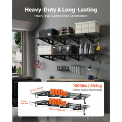 VEVOR 2-Tier Heavy Duty Wall Garage Shelving, 8 Pack 1 x 3 ft Steel Wall Mounted Shelving Unit with Hooks, 24 x 72 Inch