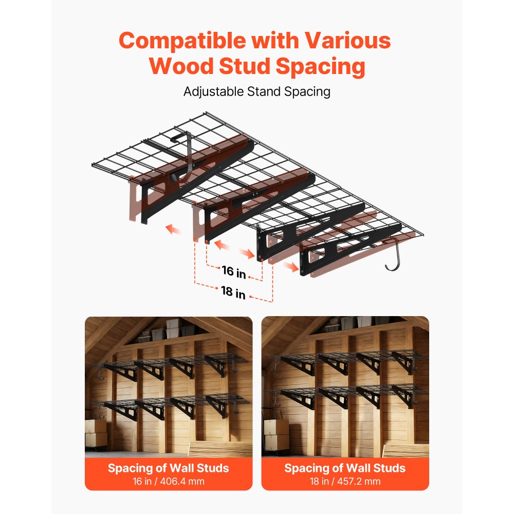 VEVOR 2-Tier Heavy Duty Wall Garage Shelving, 8 Pack 1 x 3 ft Steel Wall Mounted Shelving Unit with Hooks, 24 x 72 Inch