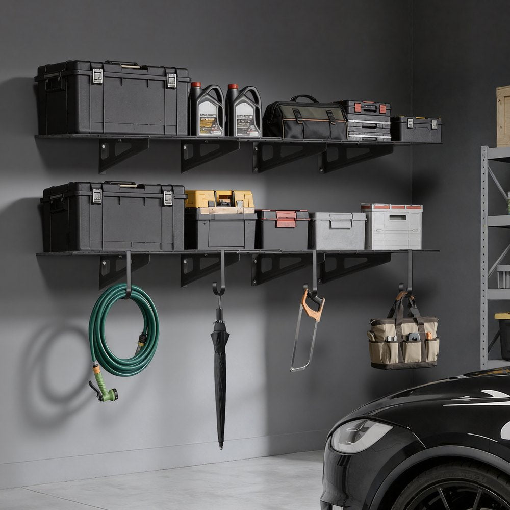 VEVOR 2-Tier Heavy Duty Wall Garage Shelving, 8 Pack 1 x 3 ft Steel Wall Mounted Shelving Unit with Hooks, 24 x 72 Inch