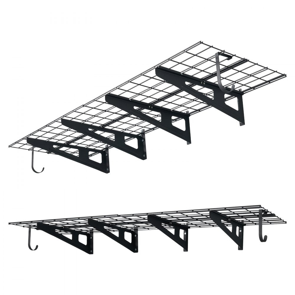 VEVOR 2-Tier Heavy Duty Wall Garage Shelving, 8 Pack 1 x 3 ft Steel Wall Mounted Shelving Unit with Hooks, 24 x 72 Inch