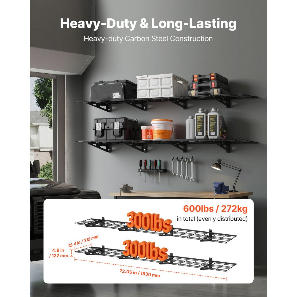 VEVOR 2-Tier Heavy Duty Wall Garage Shelving, 4 Pack 1 x 3 ft Steel Wall Mounted Shelving Unit, 12 x 72 Inch Per Shelf