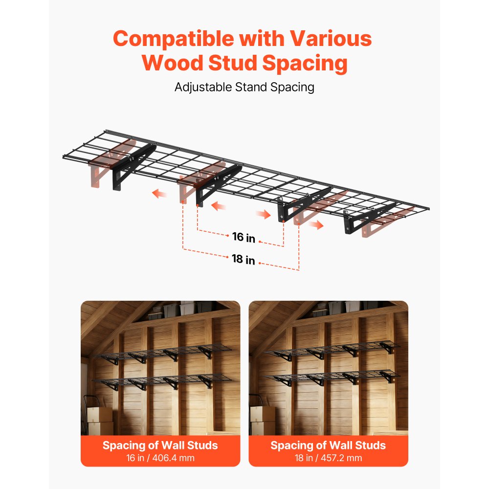 VEVOR 2-Tier Heavy Duty Wall Garage Shelving, 4 Pack 1 x 3 ft Steel Wall Mounted Shelving Unit, 12 x 72 Inch Per Shelf