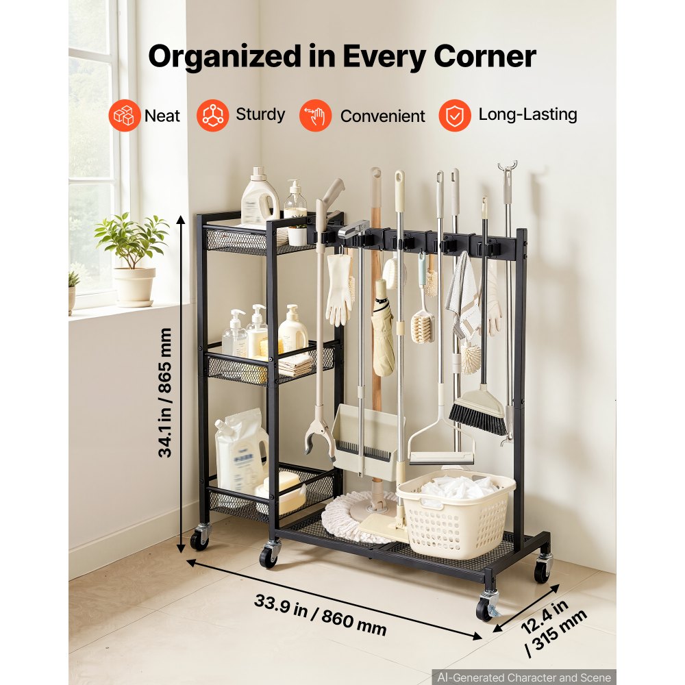 VEVOR Broom Holder with Cleaning Supplies Organizer, Garage Storage Metal, Cleaning Cart with Mop Hanger, for Home