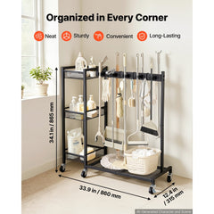 VEVOR Broom Holder with Cleaning Supplies Organizer, Garage Storage Metal, Cleaning Cart with Mop Hanger, for Home
