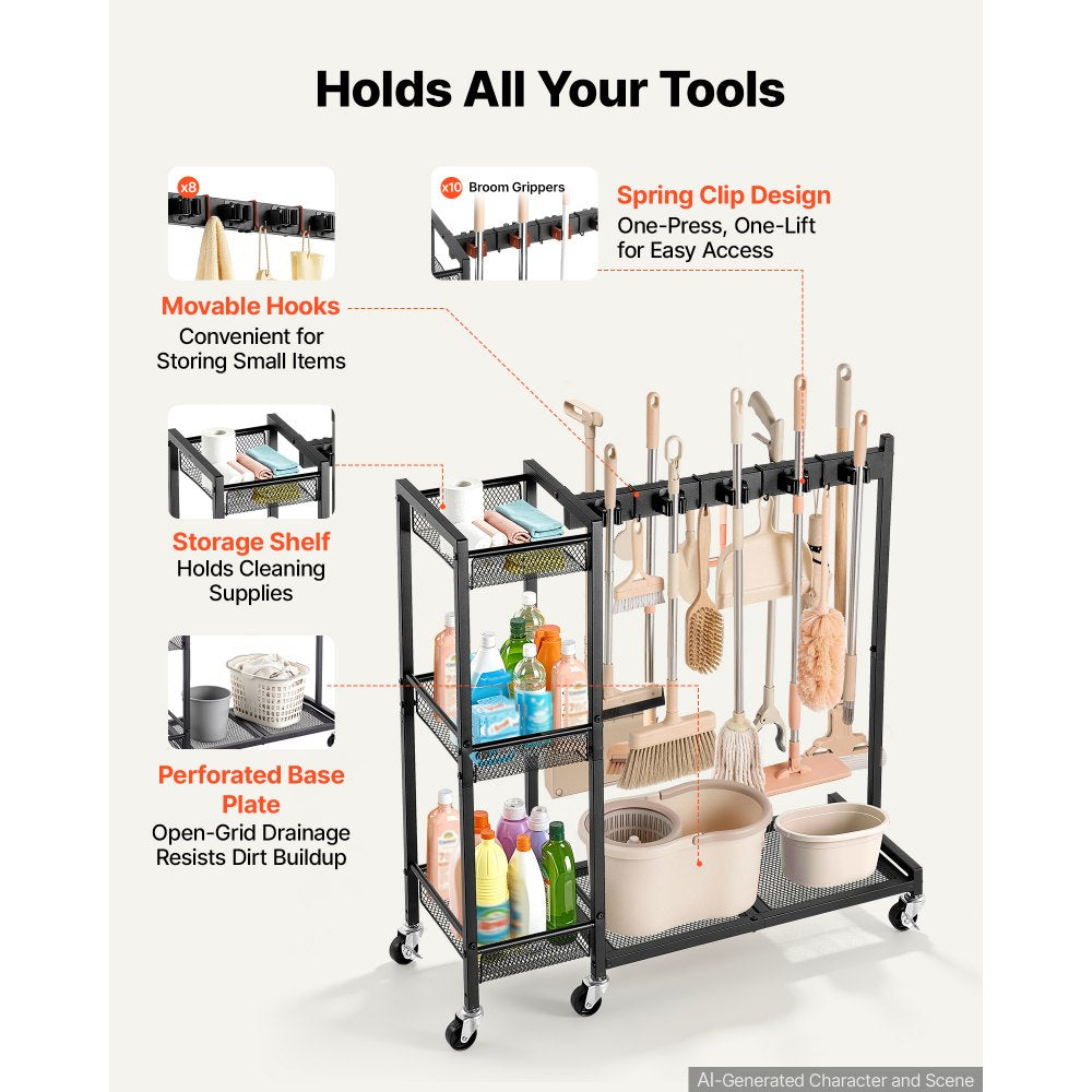 VEVOR Broom Holder with Cleaning Supplies Organizer, Garage Storage Metal, Cleaning Cart with Mop Hanger, for Home