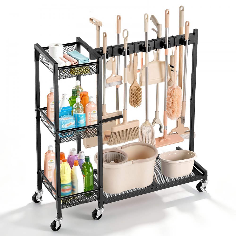 VEVOR Broom Holder with Cleaning Supplies Organizer, Garage Storage Metal, Cleaning Cart with Mop Hanger, for Home
