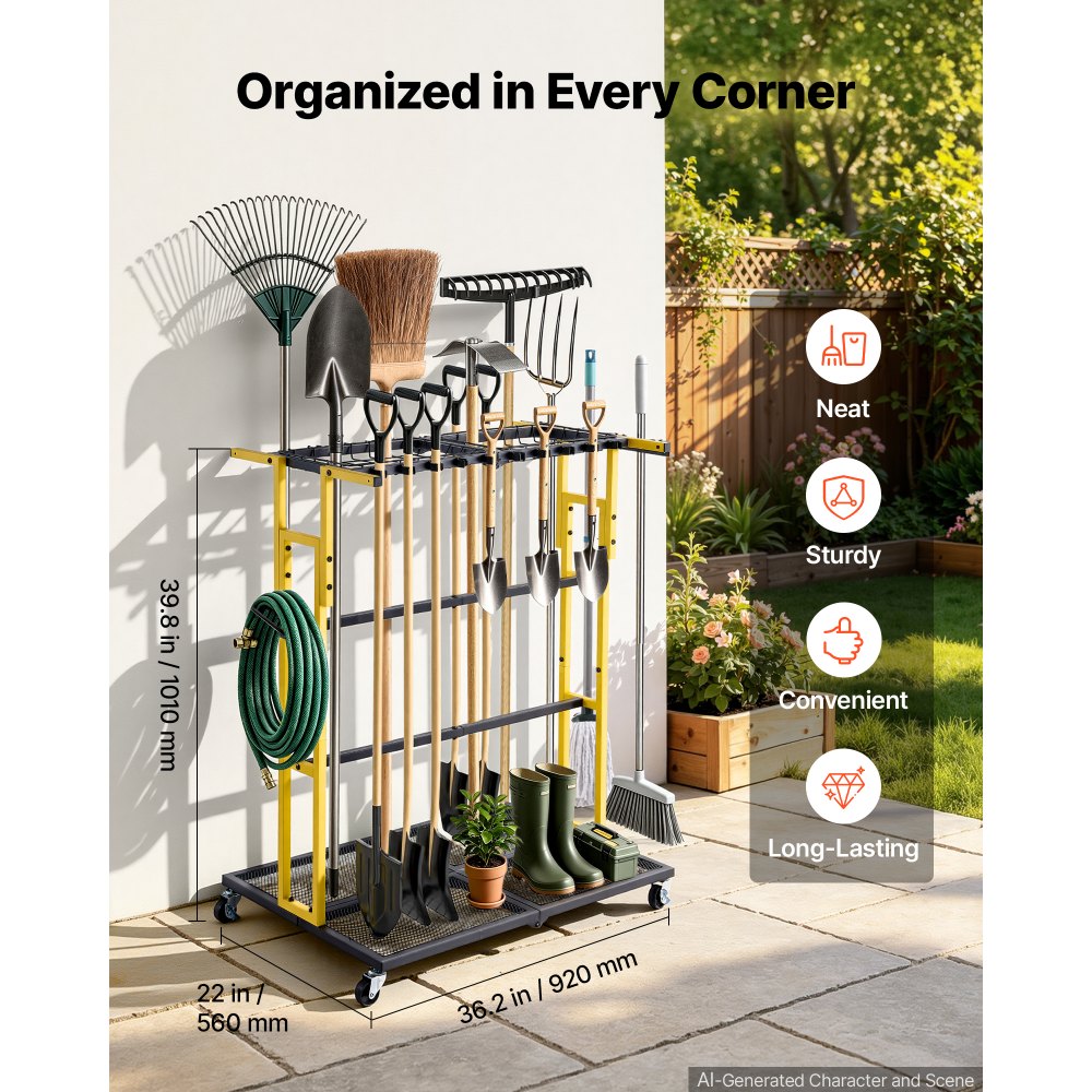 VEVOR Garden Tool Organizer with Wheels, Large Metal Garage Storage Rack, for Rakes/Shovels/Brooms/Long Farming Tools