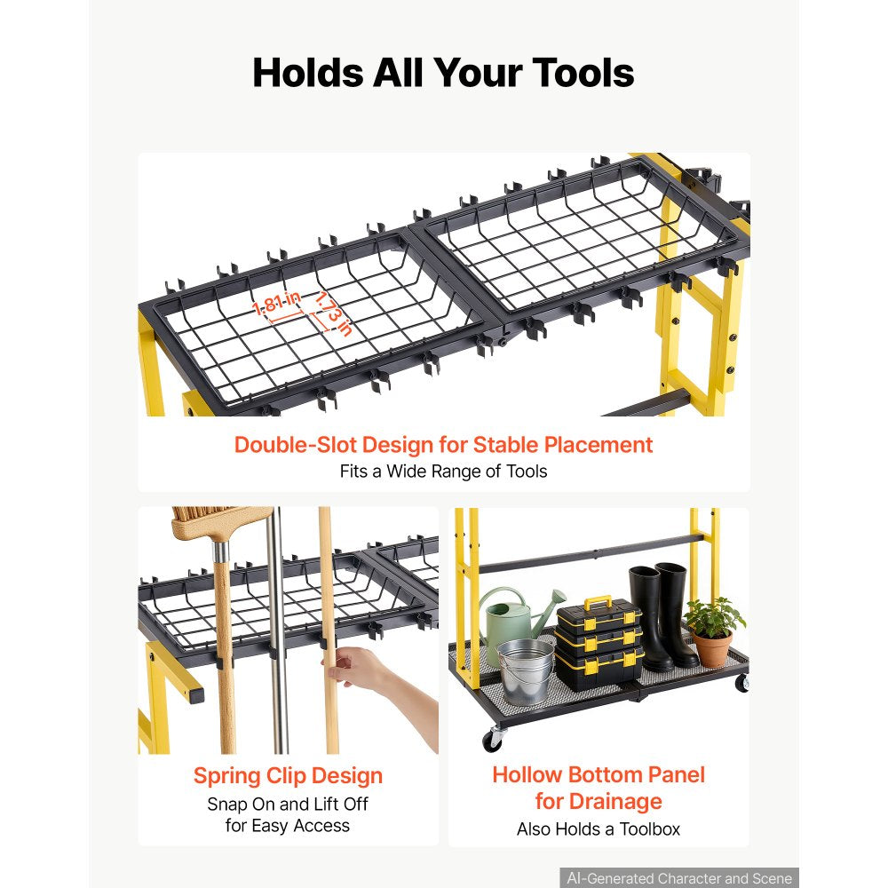 VEVOR Garden Tool Organizer with Wheels, Large Metal Garage Storage Rack, for Rakes/Shovels/Brooms/Long Farming Tools