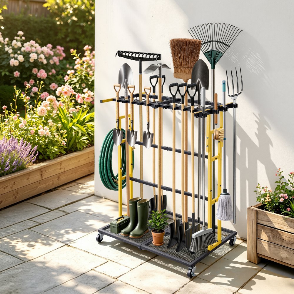 VEVOR Garden Tool Organizer with Wheels, Large Metal Garage Storage Rack, for Rakes/Shovels/Brooms/Long Farming Tools