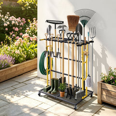 VEVOR Garden Tool Organizer with Wheels, Large Metal Garage Storage Rack, for Rakes/Shovels/Brooms/Long Farming Tools