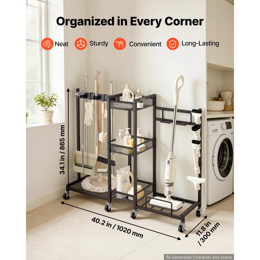 VEVOR Broom Holder with Cleaning Supplies Organizer, Metal Garage Storage, Cleaning Cart with Mop Hanger, for Home