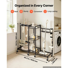 VEVOR Broom Holder with Cleaning Supplies Organizer, Metal Garage Storage, Cleaning Cart with Mop Hanger, for Home