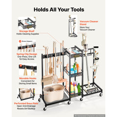 VEVOR Broom Holder with Cleaning Supplies Organizer, Metal Garage Storage, Cleaning Cart with Mop Hanger, for Home
