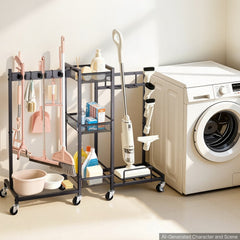 VEVOR Broom Holder with Cleaning Supplies Organizer, Metal Garage Storage, Cleaning Cart with Mop Hanger, for Home