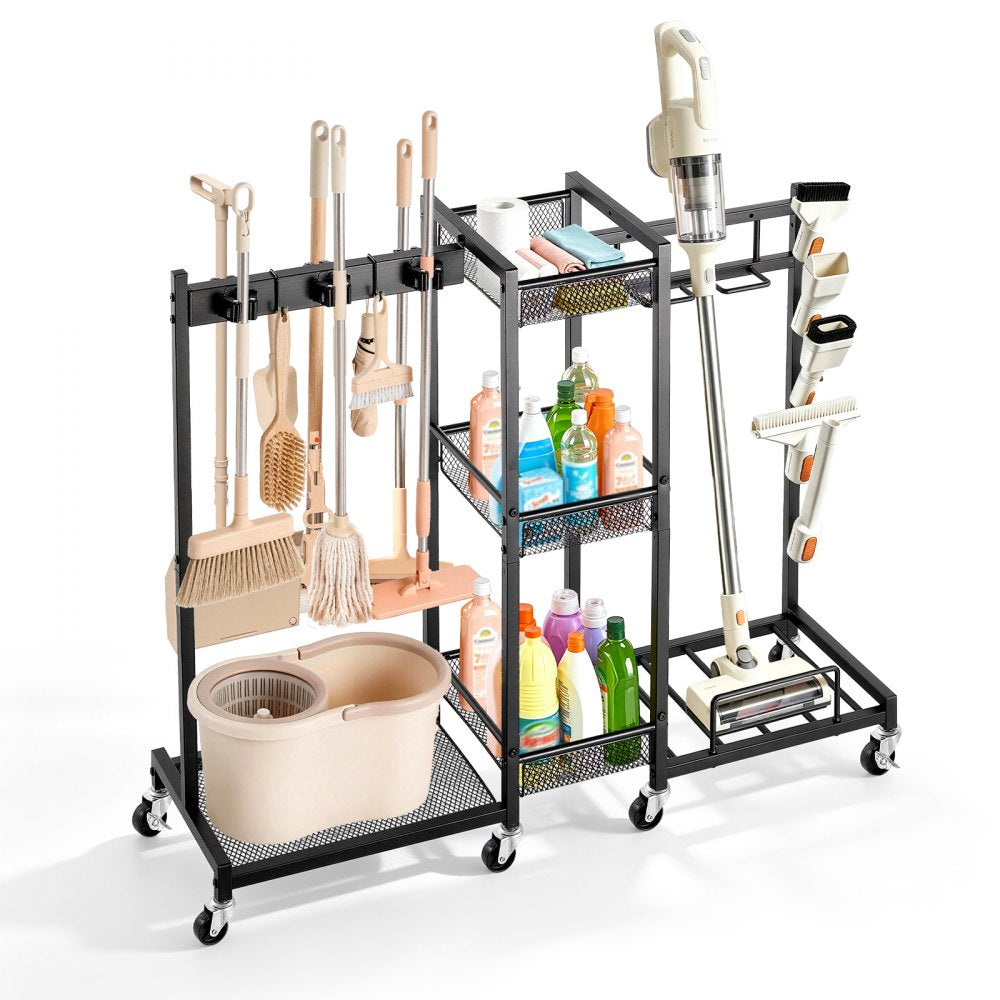 VEVOR Broom Holder with Cleaning Supplies Organizer, Metal Garage Storage, Cleaning Cart with Mop Hanger, for Home
