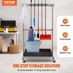 VEVOR Garden Tool Organizer, 10 Slots with Hooks, Yard Tool Tower Rack with Wheels for Garage Organization and Storage