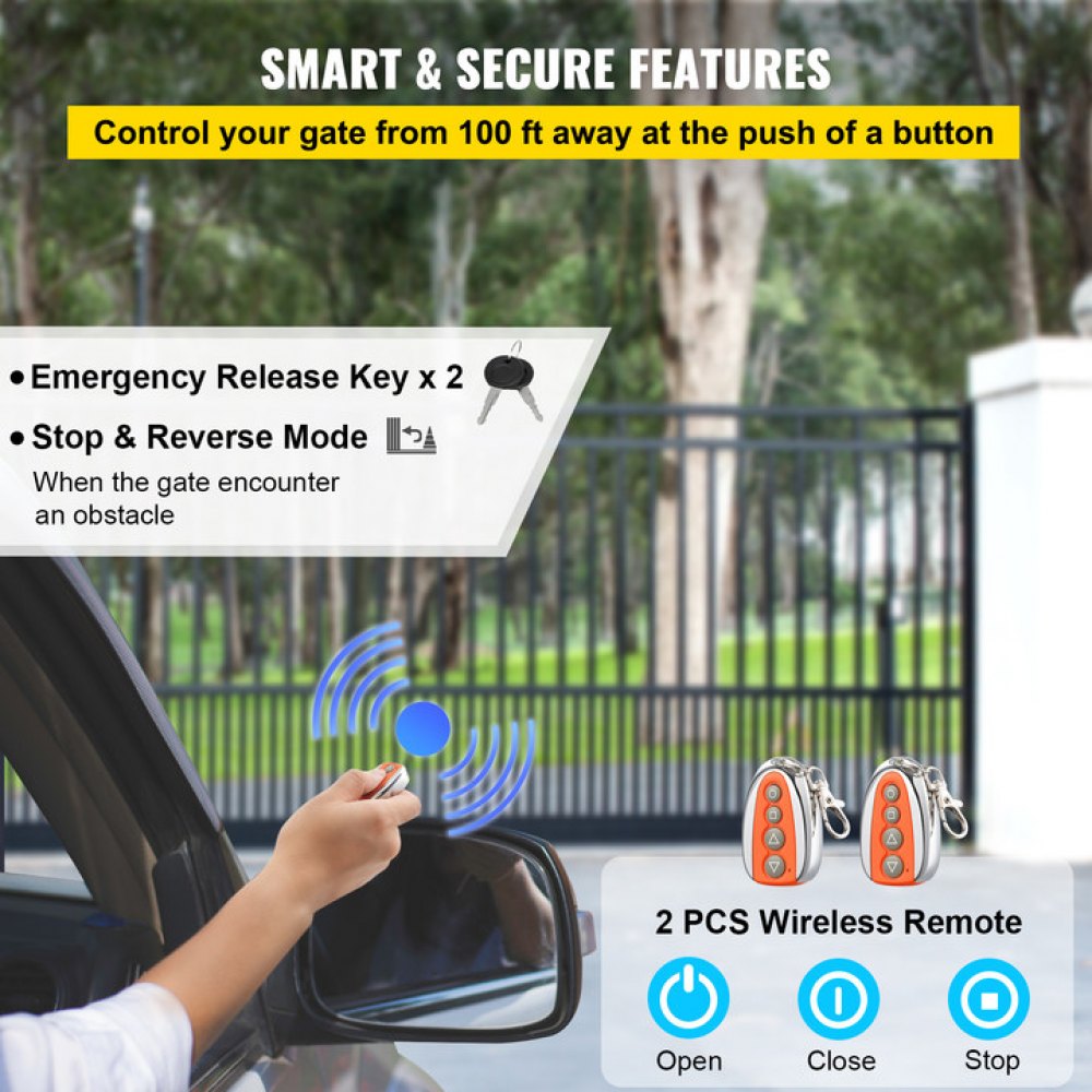 VEVOR Sliding Gate Opener 3300 LBS Automatic Sliding Gate, Gate Opener Motor with 2 Remote Controls, 230 ft Remote