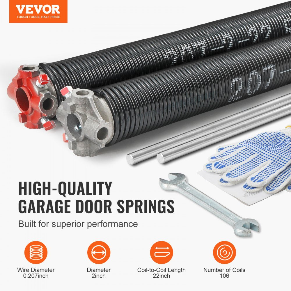 VEVOR Garage Door Torsion Springs, Pair of 0.207 x 2 x 22inch, 16000 Cycles, Garage Door Springs with Non-Slip Winding