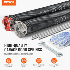 VEVOR Garage Door Torsion Springs, Pair of 0.207 x 2 x 22inch, 16000 Cycles, Garage Door Springs with Non-Slip Winding