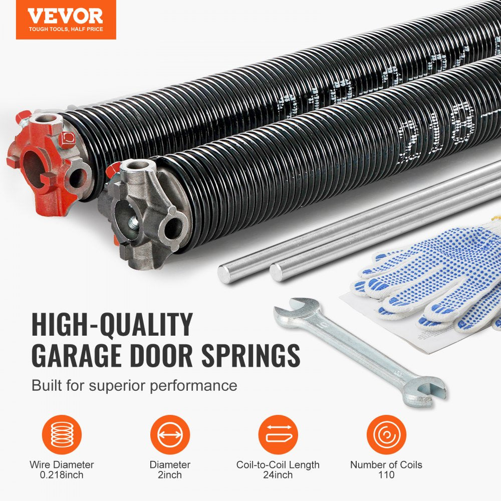 VEVOR Garage Door Torsion Springs, Pair of 0.218 x 2 x 24inch, Garage Door Springs with Non-Slip Winding Bars, 16000