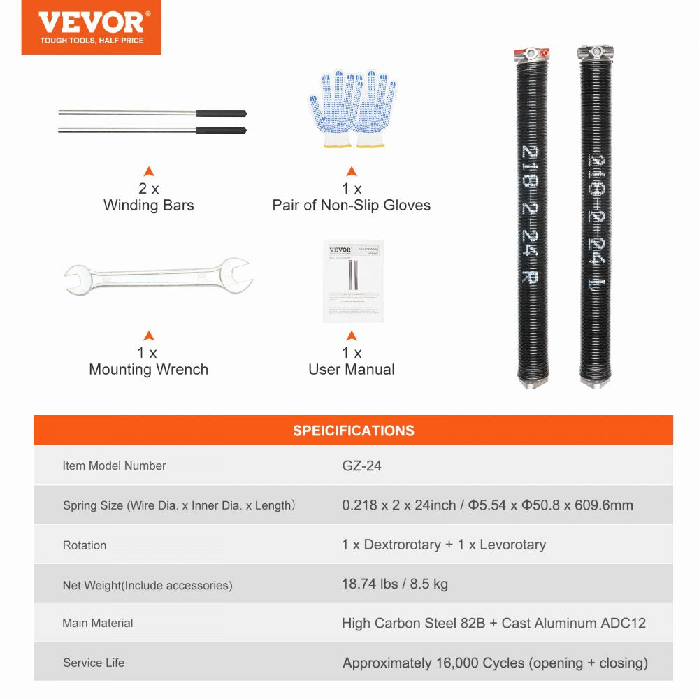 VEVOR Garage Door Torsion Springs, Pair of 0.218 x 2 x 24inch, Garage Door Springs with Non-Slip Winding Bars, 16000