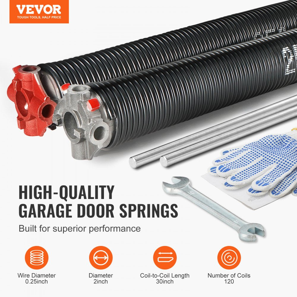 VEVOR Garage Door Torsion Springs, 16000 Cycles, Pair of 0.25 x 2 x 30inch, Garage Door Springs with Non-Slip Winding