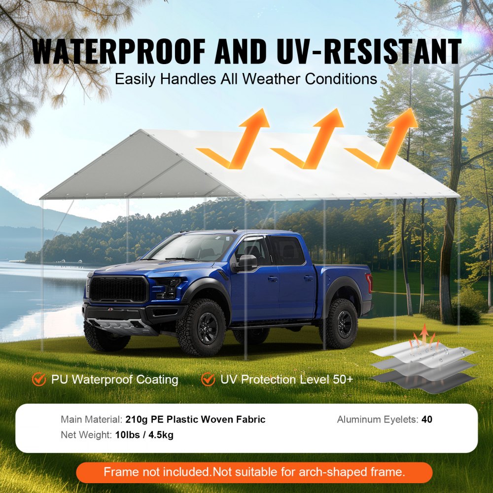 VEVOR 10 x 20 ft Carport Replacement Canopy Cover, Garage Top Tent Shelter Tarp Heavy-Duty Waterproof & UV Protected