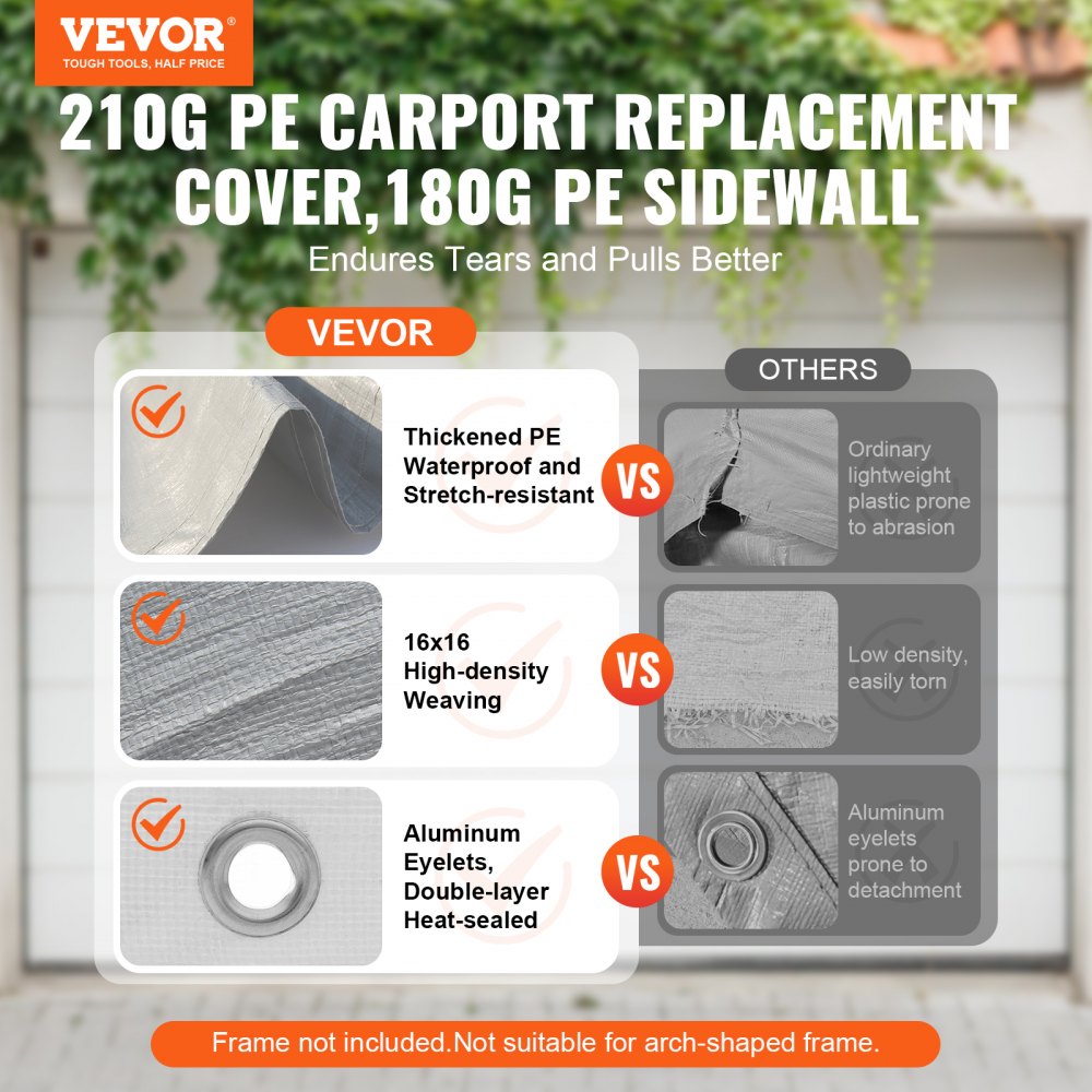VEVOR Carport Replacement Canopy Cover Top + Side Wall 10 x 20 ft, Garage Tent Shelter Tarp Heavy-Duty Waterproof & UV
