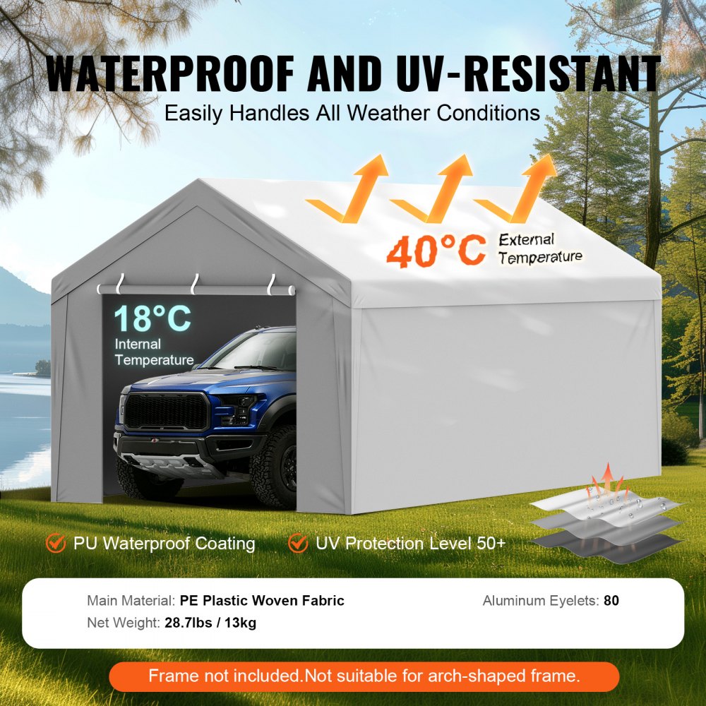 VEVOR Carport Replacement Canopy Cover Top + Side Wall 10 x 20 ft, Garage Tent Shelter Tarp Heavy-Duty Waterproof & UV