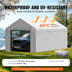 VEVOR Carport Replacement Canopy Cover Top + Side Wall 10 x 20 ft, Garage Tent Shelter Tarp Heavy-Duty Waterproof & UV