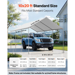 VEVOR Carport Replacement Canopy, 10 x 20 ft Potable Garage Tent Top Tarp, UV-Resistant & Waterproof Car Shelter Tarp