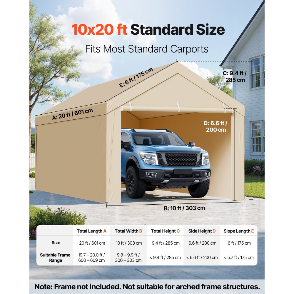VEVOR Carport Replacement Canopy, 10 x 20 ft Potable Garage Tent Top Tarp with Sidewalls, UV-Resistant & Waterproof