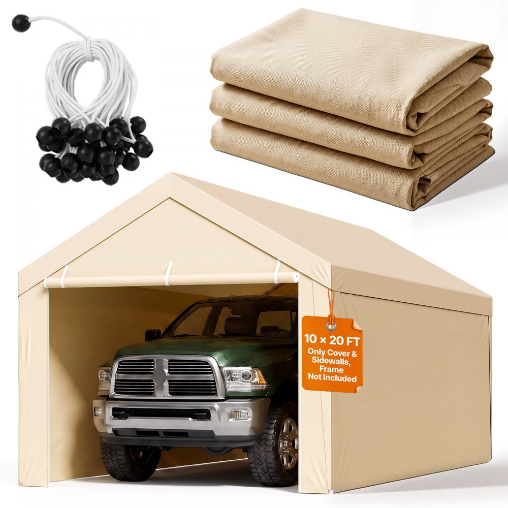 VEVOR Carport Replacement Canopy, 10 x 20 ft Potable Garage Tent Top Tarp with Sidewalls, UV-Resistant & Waterproof