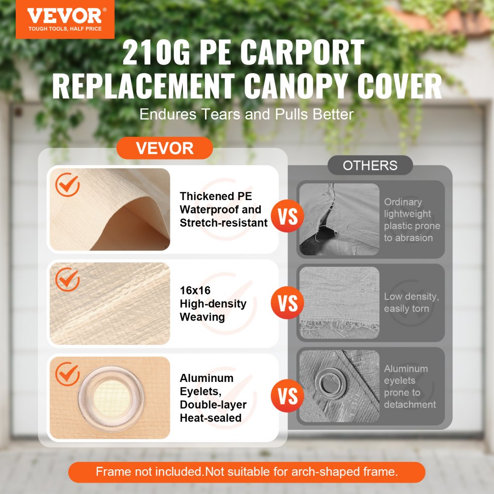 VEVOR Carport Replacement Canopy Cover 10 x 20 ft, Garage Top Tent Shelter Tarp Heavy-Duty Waterproof & UV Protected