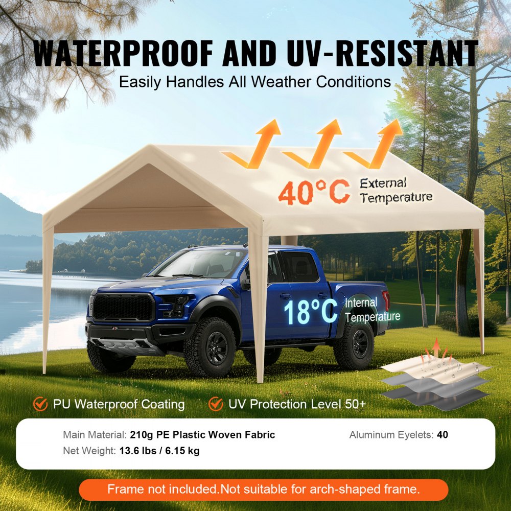 VEVOR Carport Replacement Canopy Cover 10 x 20 ft, Garage Top Tent Shelter Tarp Heavy-Duty Waterproof & UV Protected